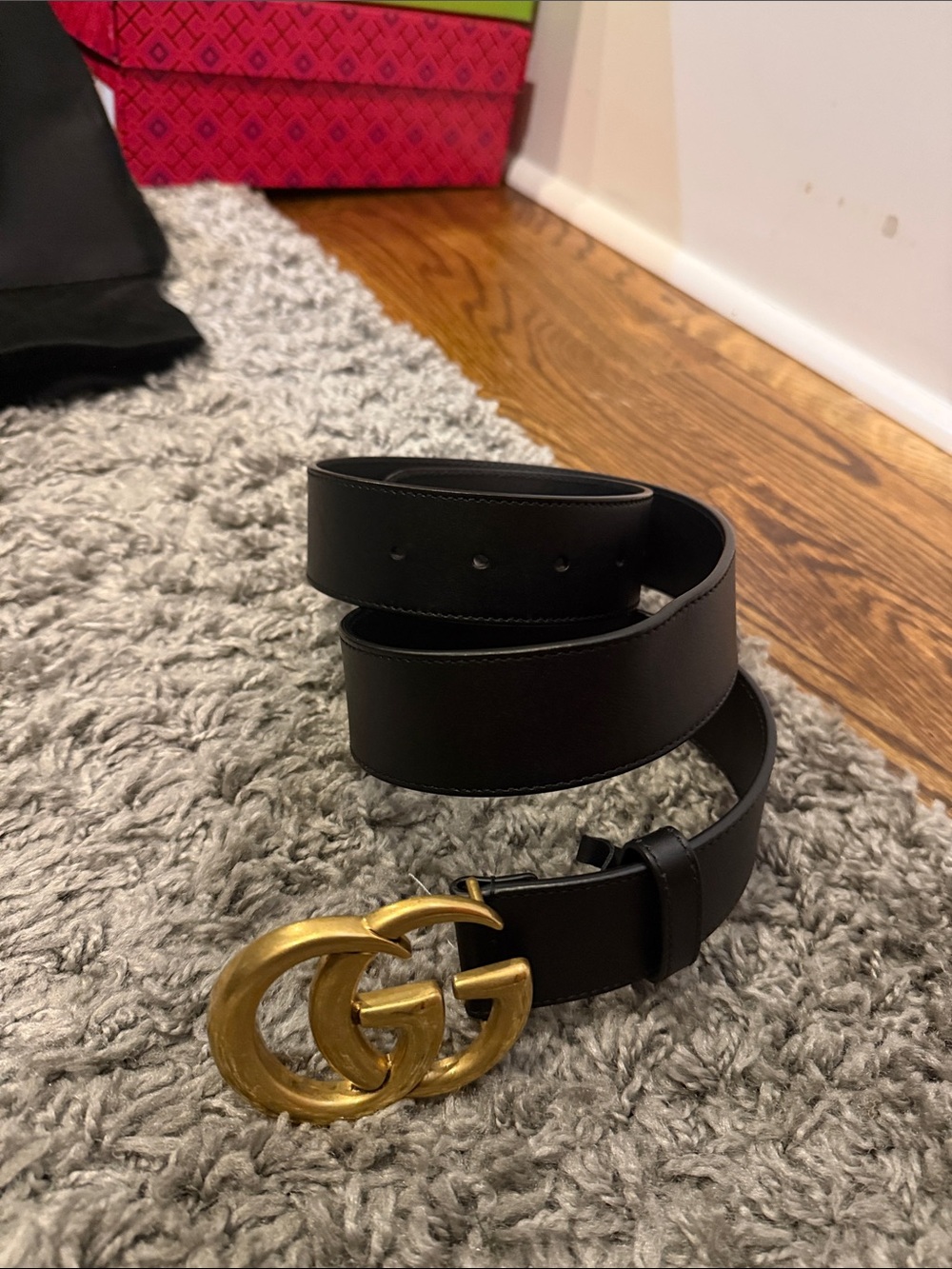 Gucci Black Leather Belt with Gold Interlocking G Buckle